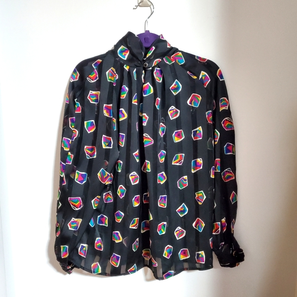 Vintage Jordan Black Multicolor Geometric Block Blouse Top Pleated Puffy Sleeves